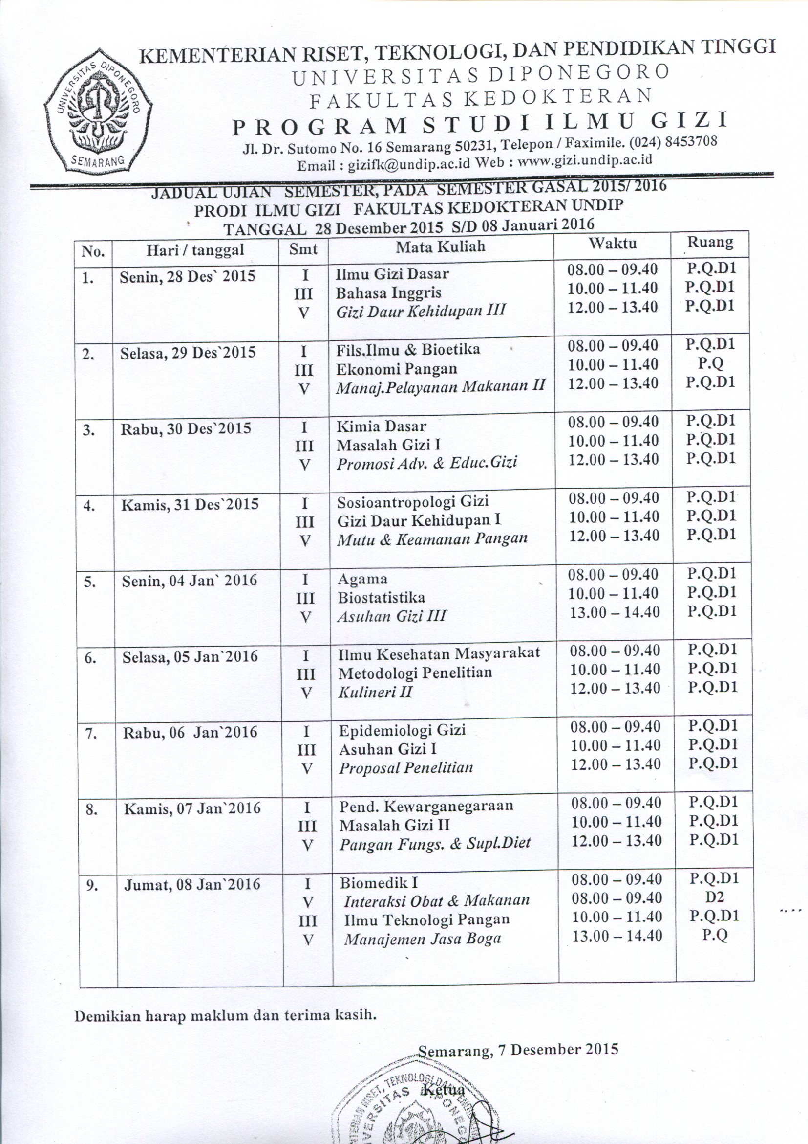 Jadwal UAS Gasal 2015-2016